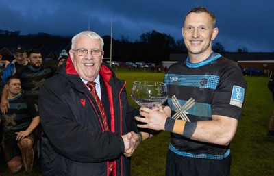 300424 Llanharan v Gilfach Goch, Admiral National League Division 2 East Central - Llanharan captains Scott Jones receives the trophy from WRU Council Member Gwyn Bowden