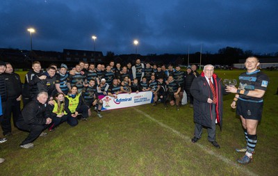 300424 Llanharan v Gilfach Goch, Admiral National League Division 2 East Central - Llanharan captains Scott Jones receives the trophy from WRU Council Member Gwyn Bowden