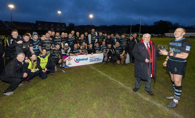 300424 Llanharan v Gilfach Goch, Admiral National League Division 2 East Central - Llanharan captains Scott Jones receives the trophy from WRU Council Member Gwyn Bowden