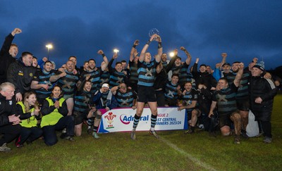 300424 Llanharan v Gilfach Goch, Admiral National League Division 2 East Central - Llanharan captain Scott Jones celebrates with the team and trophy