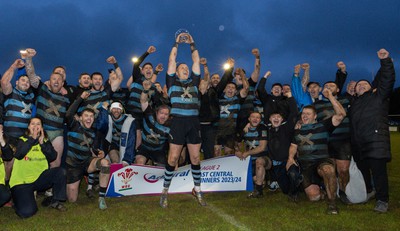 300424 Llanharan v Gilfach Goch, Admiral National League Division 2 East Central - Llanharan captain Scott Jones celebrates with the team and trophy