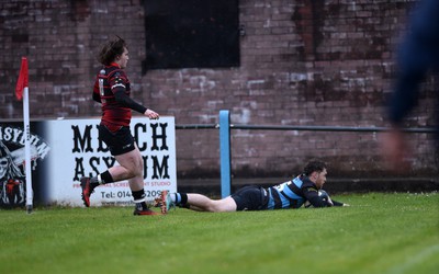 300424 - Llanharan v Gilfach Goch - National League Division 2 East Central - Mitchell Jones of Llanharan scores the first try of the game