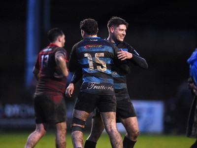 300424 - Llanharan v Gilfach Goch - National League Division 2 East Central - Mitchell Jones of Llanharan celebrates scoring a try with team mates