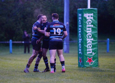 300424 - Llanharan v Gilfach Goch - National League Division 2 East Central - Mitchell Jones of Llanharan celebrates scoring a try with team mates