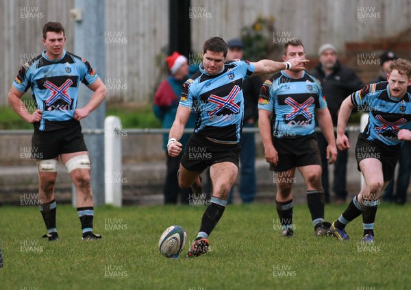 141213 Llanharan RFC v Ebbw Vale RFC - Swalec Premier League -Codey Rees of Llanharan kicks a goal