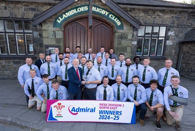 090525 - Llanidloes RFC League Presentation - Llanidloes RFC captain Andrew Williams receives the league trophy from Alun Roberts, WRU North Wales representative, after they win the WRU Admiral Mens Division 3 North East League