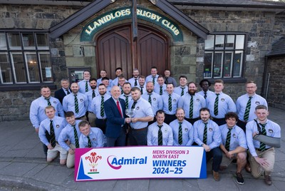090525 - Llanidloes RFC League Presentation - Llanidloes RFC captain Andrew Williams receives the league trophy from Alun Roberts, WRU North Wales representative, after they win the WRU Admiral Mens Division 3 North East League