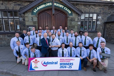 090525 - Llanidloes RFC League Presentation - Llanidloes RFC captain Andrew Williams receives the league trophy from Alun Roberts, WRU North Wales representative, after they win the WRU Admiral Mens Division 3 North East League