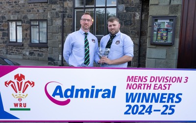 090525 - Llanidloes RFC League Presentation - Llanidloes RFC head coach Jordan Davies and Captain Andrew Williams with the WRU Admiral Mens Division 3 North East League trophy