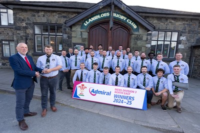 090525 - Llanidloes RFC League Presentation - Llanidloes RFC captain Andrew Williams receives the league trophy from Alun Roberts, WRU North Wales representative, after they win the WRU Admiral Mens Division 3 North East League