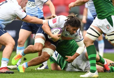 020421 - London Irish v Cardiff Blues - European Rugby Challenge Cup - Josh Navidi of Cardiff Blues is tackled by Theo Brophy Clews of London Irish