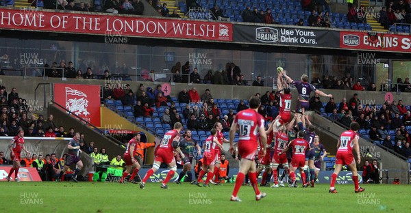 030213 London Welsh v Dragons - LV= Cup - Jevon Groves of Dragons leaps highest in the lineout 