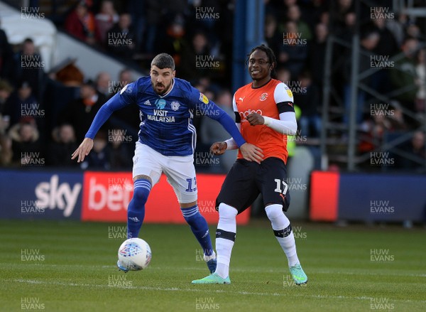 080220 - Luton Town v Cardiff City - Sky Bet Championship -  Cardiff's Callum Paterson clears from Luton's Pelly Ruddock-Mpanzu  