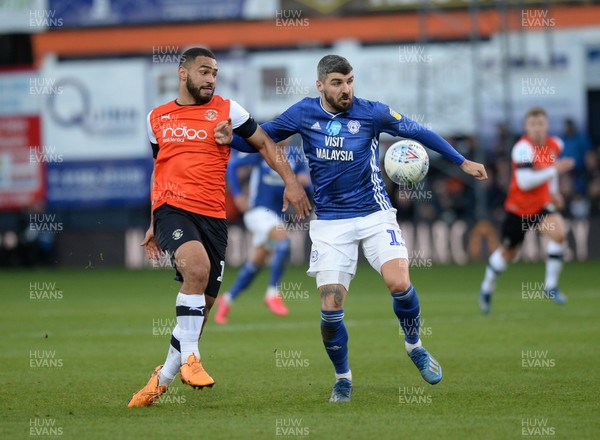 080220 - Luton Town v Cardiff City - Sky Bet Championship -  Cardiff's Callum Paterson with Luton's Cameron Carter- Vickers