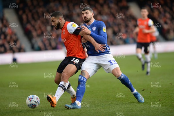 080220 - Luton Town v Cardiff City - Sky Bet Championship -  Cardiff's Callum Paterson with Luton's Cameron Carter- Vickers