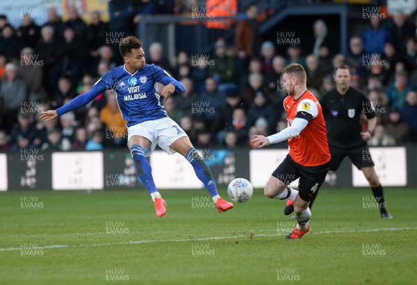 080220 - Luton Town v Cardiff City - Sky Bet Championship -  Josh Murphy of Cardiff is challenged by Luton's Ryan Tunnicliffe