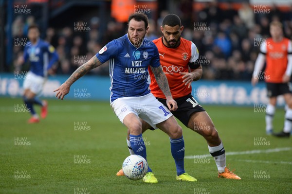 080220 - Luton Town v Cardiff City - Sky Bet Championship -  Cardiff's Lee Tomlin with Luton's Cameron Carter-Vickers