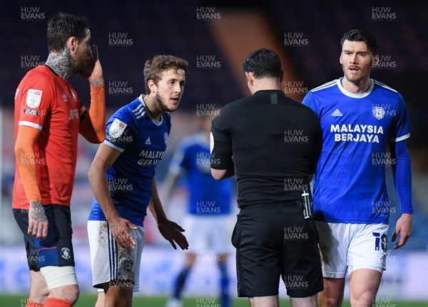 160221 - Luton Town v Cardiff City - Sky Bet Championship - Will Vaulks of Cardiff City is shown a yellow card by Referee Tim Robinson 