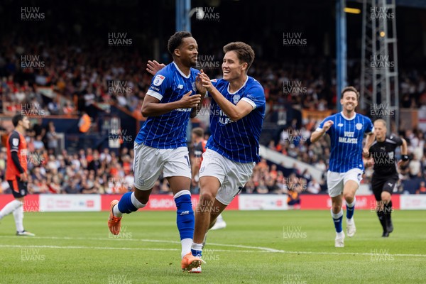230825 - Luton Town v Cardiff City - Sky Bet League 1 - Cardiff City’s Chris Willock celebrates scoring his sides first goal with Cardiff City’s Rubin Colwill