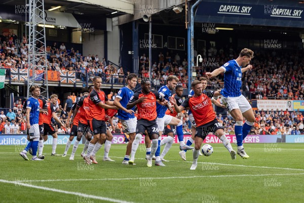 230825 - Luton Town v Cardiff City - Sky Bet League 1 - Cardiff City’s Will Fish back heels into the box