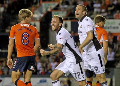 160816 - Luton Town vs Newport County - SKY Bet League 2 -Sean Rigg and Jon Parkin celebrate Newport's goal