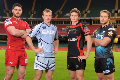 23.11.11 - LV= Cup Photocall - (L-R) Rob McCusker of Scarlets, Dan Fish of Cardiff Blues, Hallam Amos of Newport-Gwent Dragons and Tom Isaacs of Ospreys attend the LV= Cup photocall. 