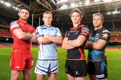 23.11.11 - LV= Cup Photocall - (L-R) Rob McCusker of Scarlets, Dan Fish of Cardiff Blues, Hallam Amos of Newport-Gwent Dragons and Tom Isaacs of Ospreys attend the LV= Cup photocall. 