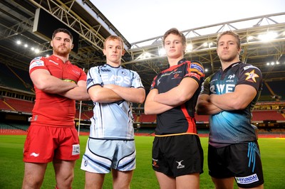 23.11.11 - LV= Cup Photocall - (L-R) Rob McCusker of Scarlets, Dan Fish of Cardiff Blues, Hallam Amos of Newport-Gwent Dragons and Tom Isaacs of Ospreys attend the LV= Cup photocall. 