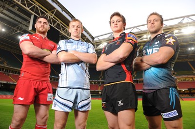 23.11.11 - LV= Cup Photocall - (L-R) Rob McCusker of Scarlets, Dan Fish of Cardiff Blues, Hallam Amos of Newport-Gwent Dragons and Tom Isaacs of Ospreys attend the LV= Cup photocall. 