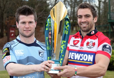 12.03.10 ... Blues Ceri Sweeney and Gloucester's Nicky Robinson with the LV= Cup ahead of Sunday's semi-final clash at the Cardiff City Stadium. 