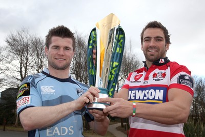 12.03.10 ... Blues Ceri Sweeney and Gloucester's Nicky Robinson with the LV= Cup ahead of Sunday's semi-final clash at the Cardiff City Stadium. 