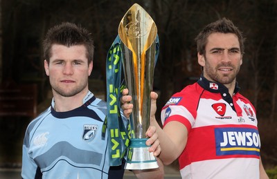 12.03.10 ... Blues Ceri Sweeney and Gloucester's Nicky Robinson with the LV= Cup ahead of Sunday's semi-final clash at the Cardiff City Stadium. 