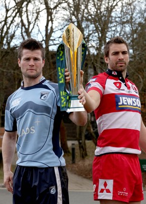 12.03.10 ... Blues Ceri Sweeney and Gloucester's Nicky Robinson with the LV= Cup ahead of Sunday's semi-final clash at the Cardiff City Stadium. 