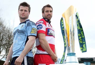 12.03.10 ... Blues Ceri Sweeney and Gloucester's Nicky Robinson with the LV= Cup ahead of Sunday's semi-final clash at the Cardiff City Stadium. 