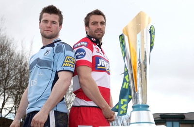 12.03.10 ... Blues Ceri Sweeney and Gloucester's Nicky Robinson with the LV= Cup ahead of Sunday's semi-final clash at the Cardiff City Stadium. 