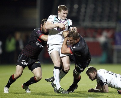 221016 - Lyon v Ospreys - European Rugby Challenge Cup -Daf Howells of Ospreys is held