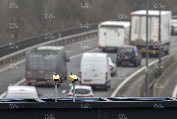 040321 - Picture shows the new average speed check cameras on the M4 motorway, between junction 24 for Coldra and junction 28 for Tredegar Park in Newport, South Wales The cameras go live on March 15 2021