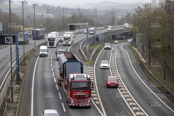 040321 - Picture shows the new average speed check cameras on the M4 motorway, between junction 24 for Coldra and junction 28 for Tredegar Park in Newport, South Wales The cameras go live on March 15 2021