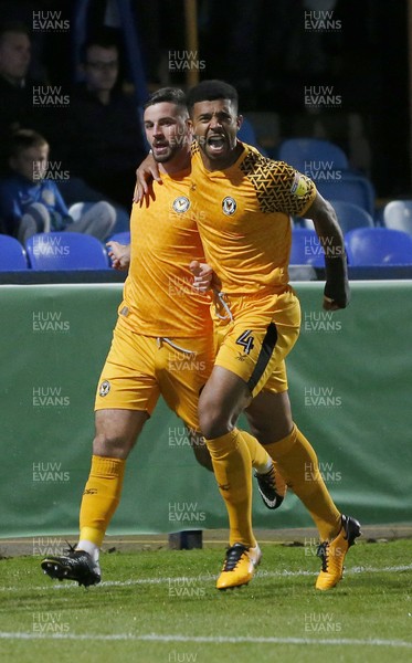 170919 - Macclesfield Town v Newport County - League 2 -   Padraig Amond of Newport County celebrates his goal with Joss Labadie 