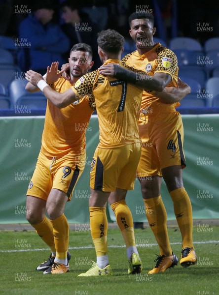 170919 - Macclesfield Town v Newport County - League 2 -   Padraig Amond of Newport County celebrates his goal with Joss Labadie and Robbie Willmott