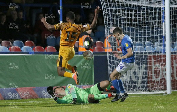 170919 - Macclesfield Town v Newport County - League 2 - Tristan Abrahams of Newport County has a shot saved by Goalkeeper Owen Evans of Macclesfield Town 