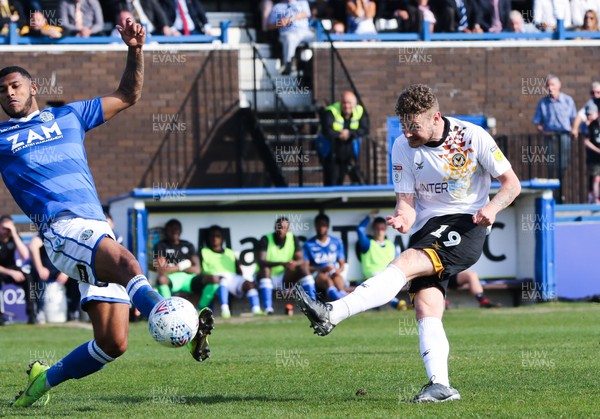 220419 - Macclesfield Town v Newport County, Sky Bet League 2 - Ben Kennedy of Newport County sees his shot at goal blocked by Zak Jules of Macclesfield Town