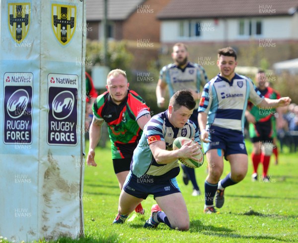 220417 - Machen - v - Beaufort - Welsh National League Division 3 East B - Josh Sullivan of Machen dives over for a try