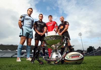 Magners League Launch 2008/2009, RDS, Dublin 27/8/2008 Rhys Williams of Cardiff Blues, Lee Byrne of Ospreys, Simon Easterby of Llanelli Scarlets and Tom Willis of Newport Gwent Dragons at today's Magners League launch 