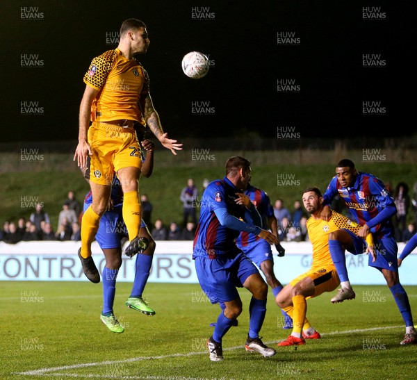 291119 - Maldon & Tiptree FC v Newport County FC - Emirates FA Cup Second Round -  Ryan Inniss goes close with a header
