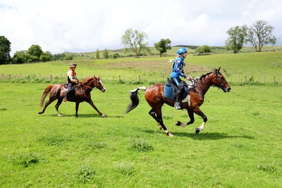 110622 - Whole Earth Man v Horse Race - Competitors take part in the Whole Earth Man v Horse race in Llanwrtyd Wells, Wales Running for over 40 years, Man v Horse is an epic 225-mile challenge which pits humans against horses across a multi-terrain course It is being staged for the first time after a two year absence due to the Covid Pandemic Picture shows the first two horses to finish after 3 runners had already finished