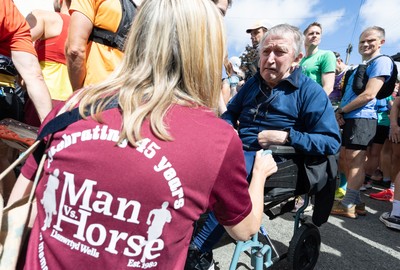 130626 - Man v Horse, Llanwrytd Wells - Welsh running legend Dick Evans, the first runner to cross the line in the first Man v Horse at the annual Man v Horse Race held at Llanwrytd Well, Powys, Wales