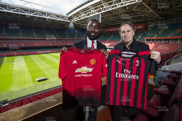 270319 - Picture shows the announcement of Manchester United v AC Milan to be held at the Principality Stadium, Cardiff on the 3rd August 2019 in the International Champions Cup - Andrew Cole and Franco Baresi