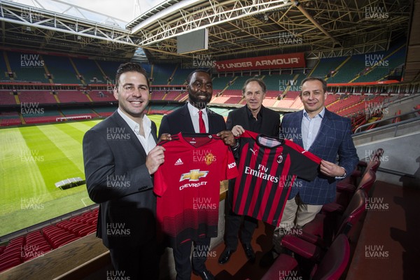 270319 - Picture shows the announcement of Manchester United v AC Milan to be held at the Principality Stadium, Cardiff on the 3rd August 2019 in the International Champions Cup - Andrew Cole and Franco Baresi with ICC's Matthew Kontos (left) and WRU's Mark Williams (right)
