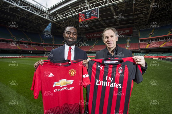 270319 - Picture shows the announcement of Manchester United v AC Milan to be held at the Principality Stadium, Cardiff on the 3rd August 2019 in the International Champions Cup - Andrew Cole and Franco Baresi